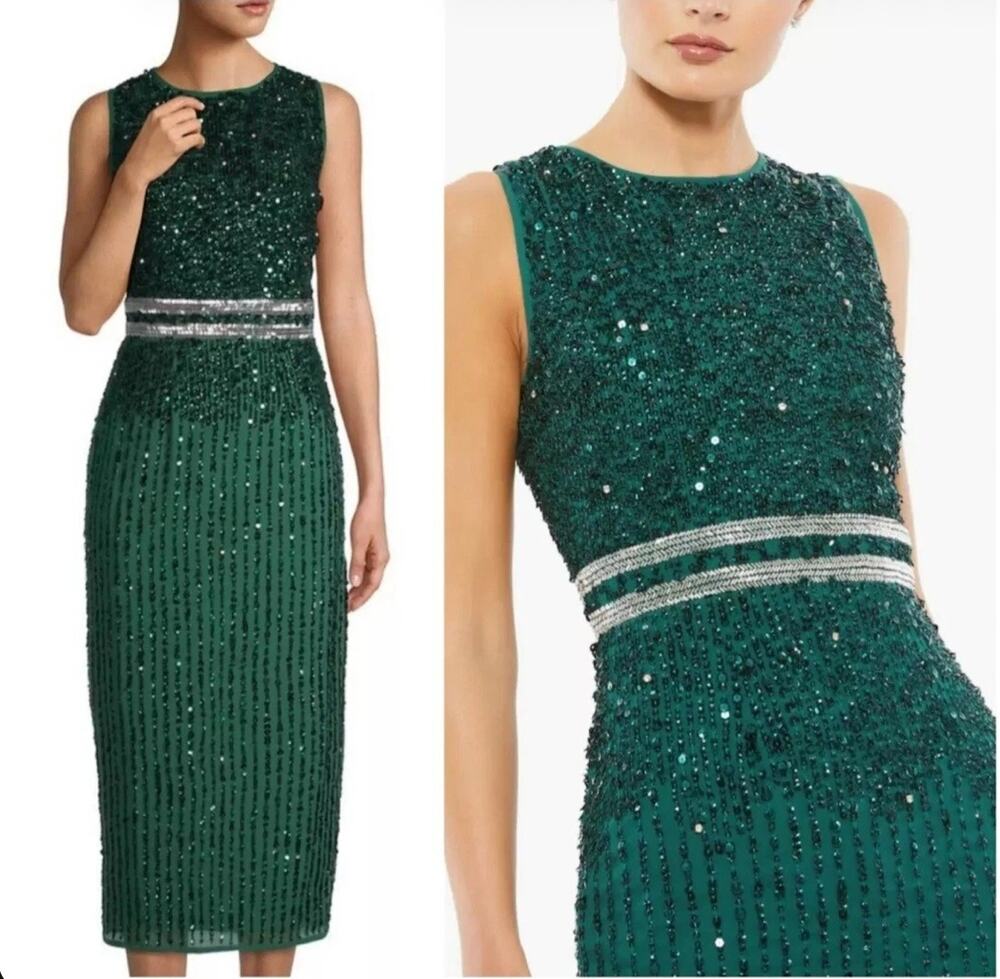 Mac Duggal Emerald Sleeveless High Neck Beaded Midi Sheath Dress